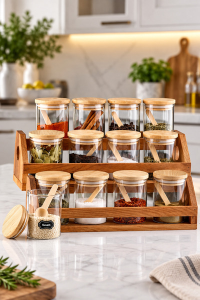 Karçiçeği Home 12'li 200ML Bambu Kapaklı Kaşıklı Baharatlık Seti Etiket Hediyeli