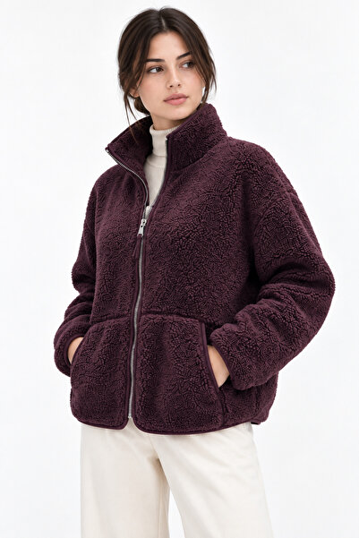 Mixray 4984 Kadın Fermuarlı Önden Cepli Dik Yaka Polar Sweatshirt Mürdüm