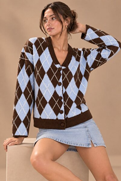 Arbucky Women's V-Neck Diamond Pattern Knitwear Cardigan