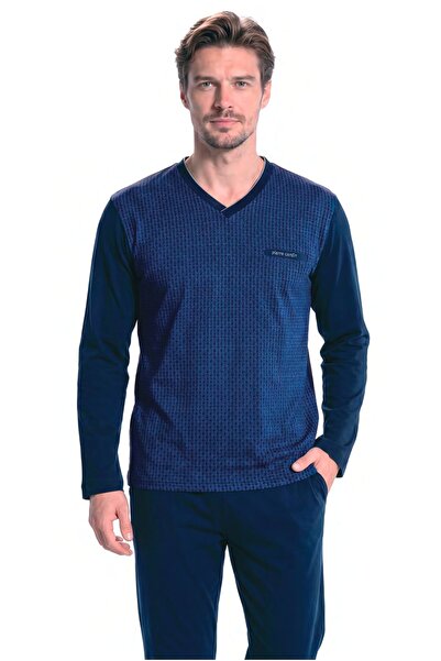 Pierre Cardin 6143 Men's Long Sleeve Buttoned Collar Jacquard Pajama Set-Navy...