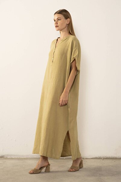 İpekçi Otantik Raw Linen Maxi Kaftan Dress Mint