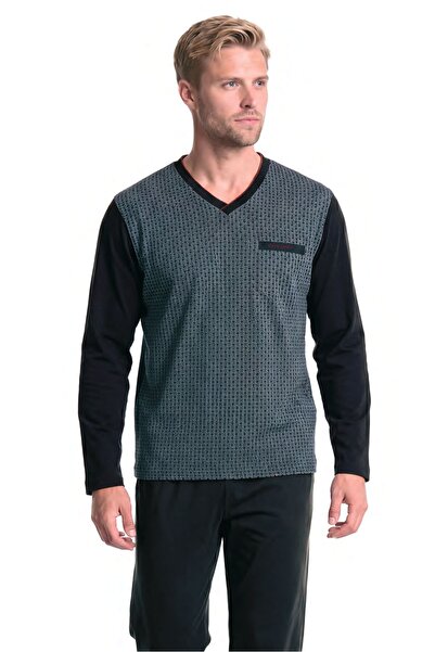 Pierre Cardin 6143 طقم بيجامة جاكار بأكمام طويلة وياقة على شكل حرف V للرجال -...