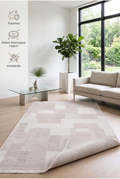 Santa Clara Soft Modern Kareli Çizgili Krem Salon, Oturma Odası Halısı, Saçak...