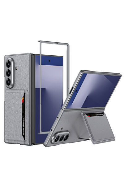 Case 4U Galaxy Z Fold 7 Suni Deri Arka Yüzey Kartlıklı Kıpta Silikon Kılıf