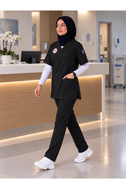 mirach Yeni Yönetmeliğe Uyumlu Tesettür Scrubs Takım Siyah - Hemşire Forması ...