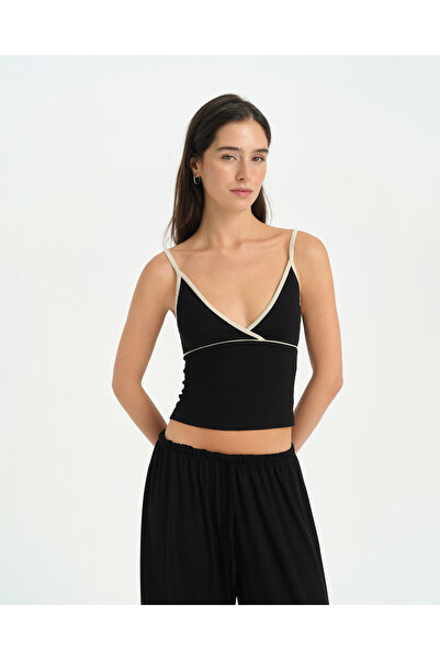 Ayma Active Black Contrast Ribbed Strap Blouse