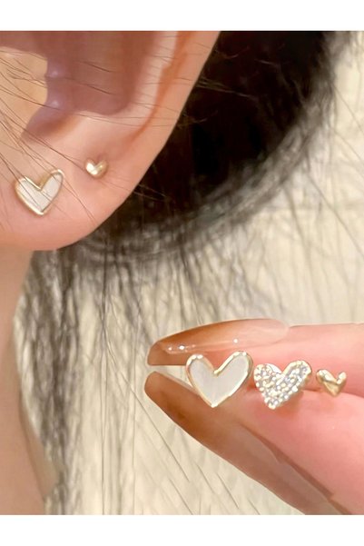 Take Two By Styli Set Of 3 - Heart Stud Earrings