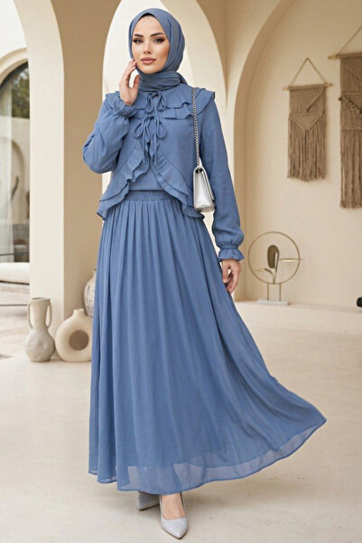 Neva Style Ruffled Indigo Blue Hijab Shirt Skirt Set 1397Im