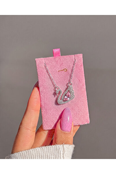 Gleemy accesories Romantik Zirkon Taşlı Pembe Kuğu Model Kadın Kolye
