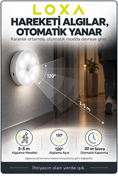 LOXA Hareket Sensörlü Şarjlı LED Gece Lambası, USB Manyetik Dolap Koridor Merdiven Aydınlatma