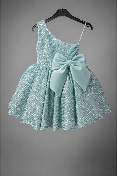She Dress By Kübra Aksoy Mint Green Sequined and Beaded Bow One-Shoulder Girls' Evening Dress