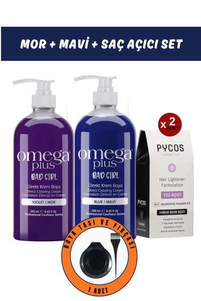 Omega Plus Mor+Mavi + Saç Açıcı Set( 2 adet) + Boya Tası ve Fırçası