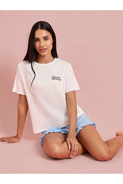Styli Multi-Color Printed T-Shirt And Solid Ruffle Details Shorts Pyjama Set