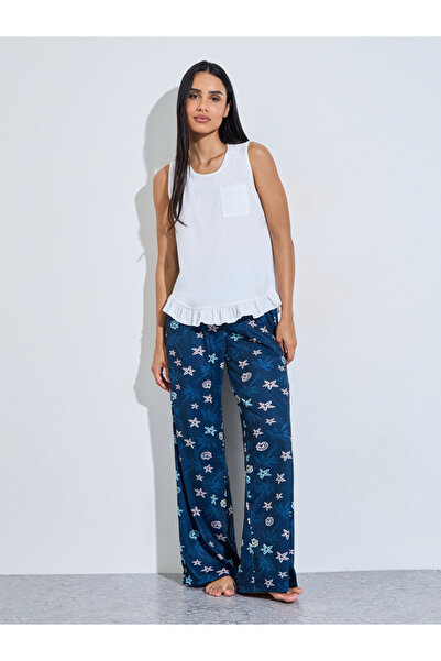 Styli White Solid Ruffle Hem Tank Top And Navy Blue All Over Print Straight P...