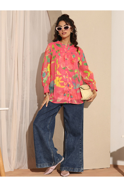 Libas By Styli Coral Floral Print Chiffon Top