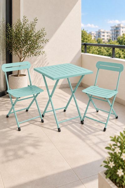 eportatif Katlanır Metal Balkon Bahçe Bistro Masa Sandalye Seti 2 Kişilik 1 Masa 2 Sandalye Mint Yeşili 1639