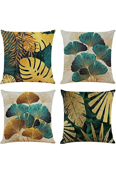 X SPRING Cushion Covers, 45x45cm Linen Square Pillow Cases with Gold Leaf Pat...