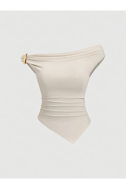 Take Two By Styli Beige Sleeveless Bardot Top With Gold Accent