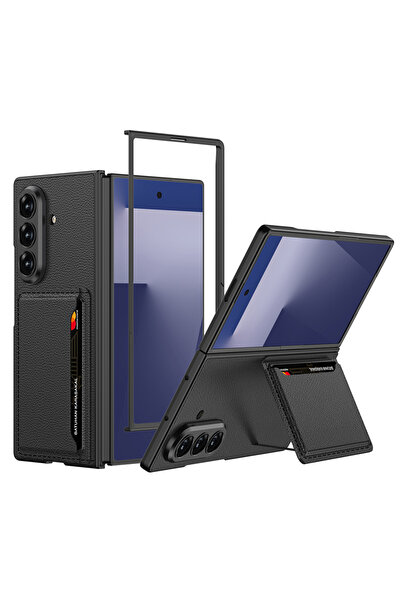 Case 4U Galaxy Z Fold 7 Suni Deri Arka Yüzey Kartlıklı Kıpta Silikon Kılıf