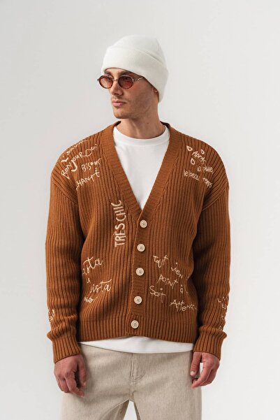 go gang own Script Patterned Steel Knitted Buttoned Knitwear Men's Cardigan