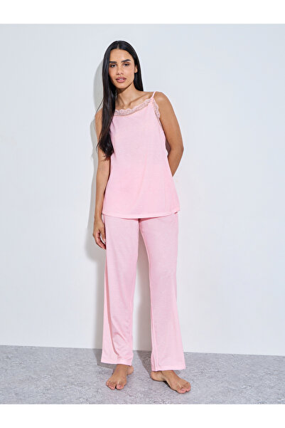 Styli Pink Polka Dot Lace Detail Strappy Cami And Straight Leg Pants Pyjama Set