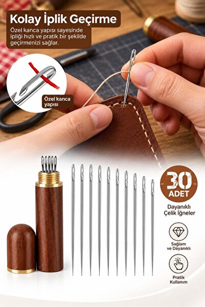 omilife Ahşap Kutulu 30'lu Dikiş İğnesi Seti Farklı Boy El Dikiş İğneleri İğn...