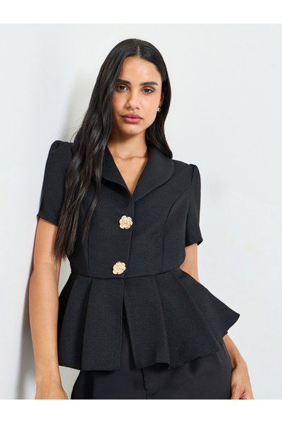 Take Two By Styli Black Short Sleeve Peplum Blouse With Floral Buttons