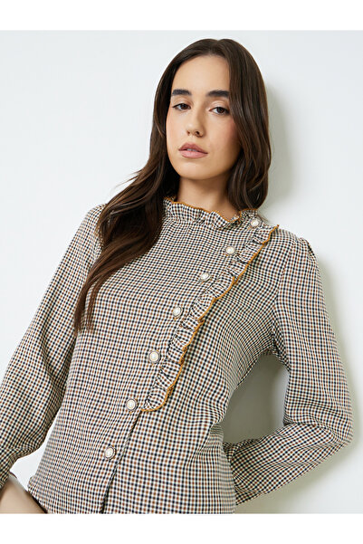 Take Two By Styli Brown Gingham Ruffled Blouse With Long Sleeves