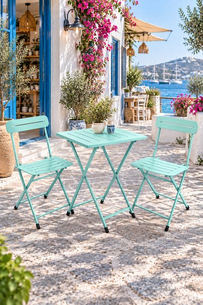 eportatif Katlanır Metal Balkon Bahçe Bistro Masa Sandalye Seti 2 Kişilik 1 Masa 2 Sandalye Mint Yeşili 1639