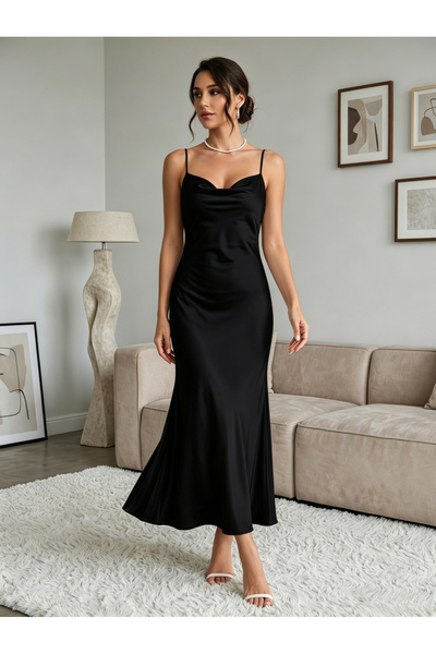 Take Two By Styli Elegant Black Satin Slip Dress - Modest Maxi For Special Oc...