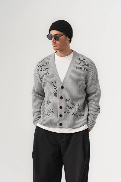 go gang own Script Patterned Steel Knitted Buttoned Knitwear Men's Cardigan