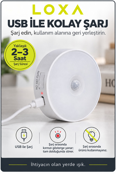 LOXA Hareket Sensörlü Şarjlı LED Gece Lambası, USB Manyetik Dolap Koridor Merdiven Aydınlatma
