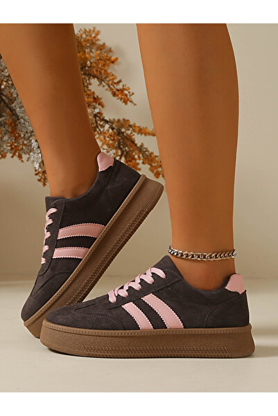 Take Two By Styli Women Grey Suede Look Sneakers With Pink Stripes