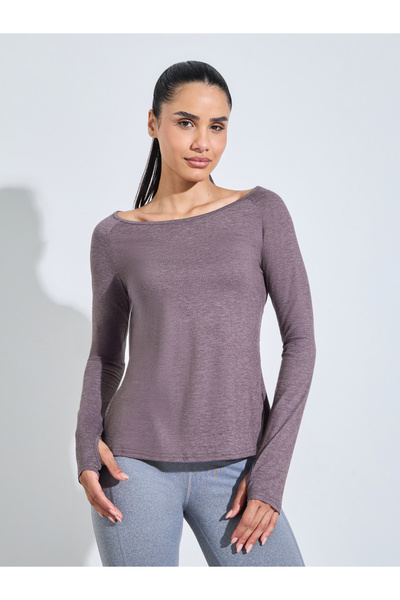 Styli Purple Solid Asymmetric Hem Long Sleeves Activewear Top With Thumbholes
