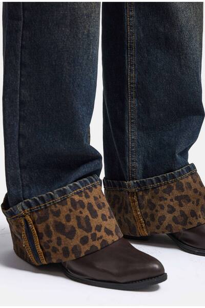 it's basic Kadın Kot Rengi 2w6-8 Straight Turn Up Paça Leopar Detaylı Tasarım Denim Jean