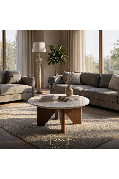 Evo Marble طاولة وسط من الرخام الطبيعي رخام مقدوني تركي مع خشب