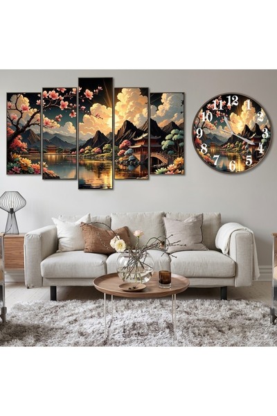BellaaaModa Çiçek temalı Dekoratif Desenli Mdf Tablo 5 Parça Set ve Saatli Ta...