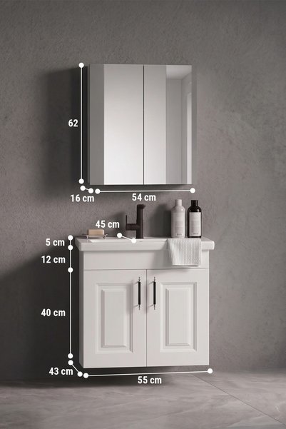 ÖZCEDEN Salkım 55 cm Beyaz Balon MDF Seramik Lavabolu Asma Banyo Dolabı Takımı
