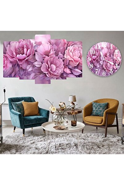 BellaaaModa Çiçek temalı Dekoratif Desenli Mdf Tablo 5 Parça Set ve Saatli Ta...