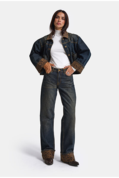 it's basic Kadın Kot Rengi 2w6-8 Straight Turn Up Paça Leopar Detaylı Tasarım Denim Jean