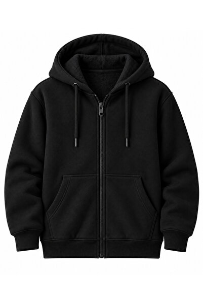 Bambino Unisex Çocuk Siyah 3 İplik Kapüşonlu Fermuarlı Okul Hırkası Sweatshirt