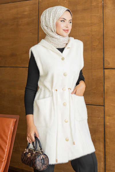 Neva Style Hooded, Tie-Waist, Pocketed, Cream Beard Angora Hijab Knitwear Ves...