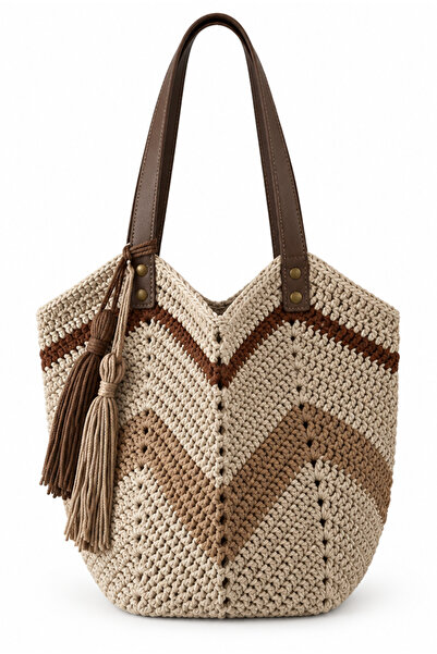 Elephant Handmade Crochet Bag in Rosey Beige and Brown with Leather Strap - R...