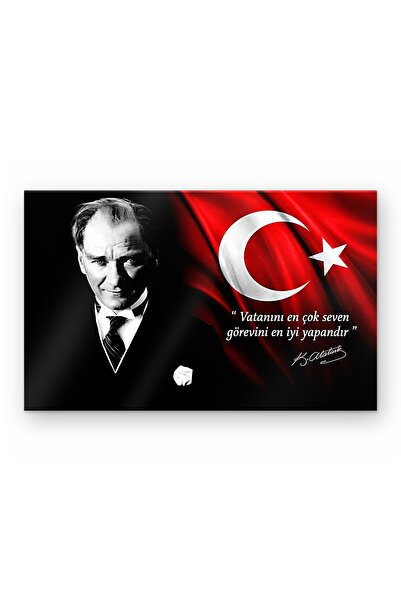 Atatürk Temalı Cam Tablo | Türk Bayraklı ve Sözlü Duvar Dekoru