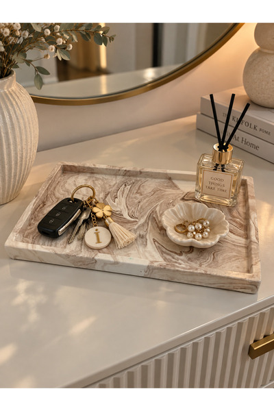 Sisay Home Mermer Desenli Dikdörtgen Dekoratif Tepsi – Salon, Dresuar ve Orta...