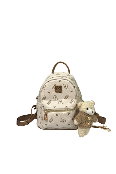 Take Two By Styli Beige Heart Printed Backpack With Zip
