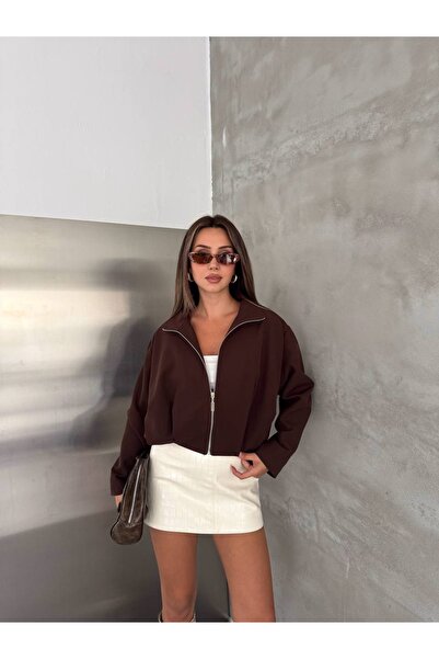 Ekim Store Düz Fermuarlı Bomber Crop Trenç Ceket