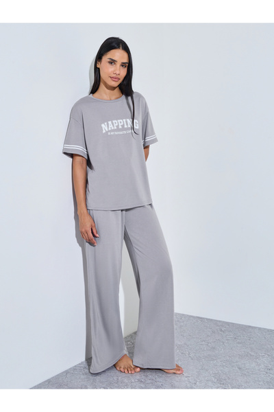 Styli Grey Slogan Print T-Shirt And Wide Leg Pants Pyjama Set