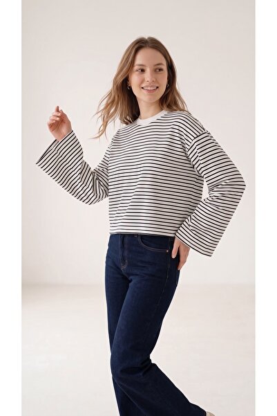 PANDO CASUAL WEAR Kadın Bisiklet Yaka İnce Siyah-Beyaz Çizgili Uzun Kollu Org...