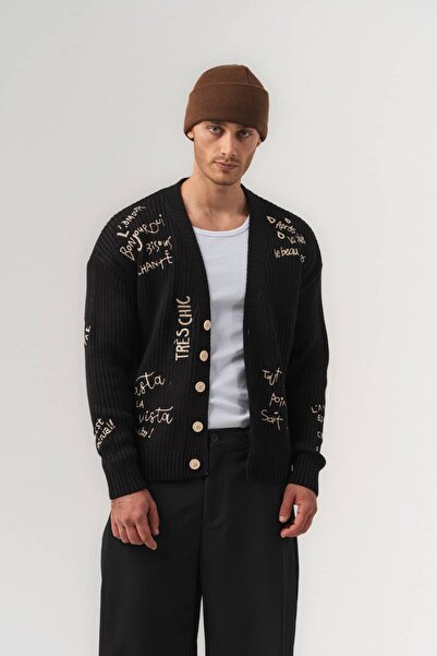 go gang own Script Patterned Steel Knitted Buttoned Knitwear Men's Cardigan